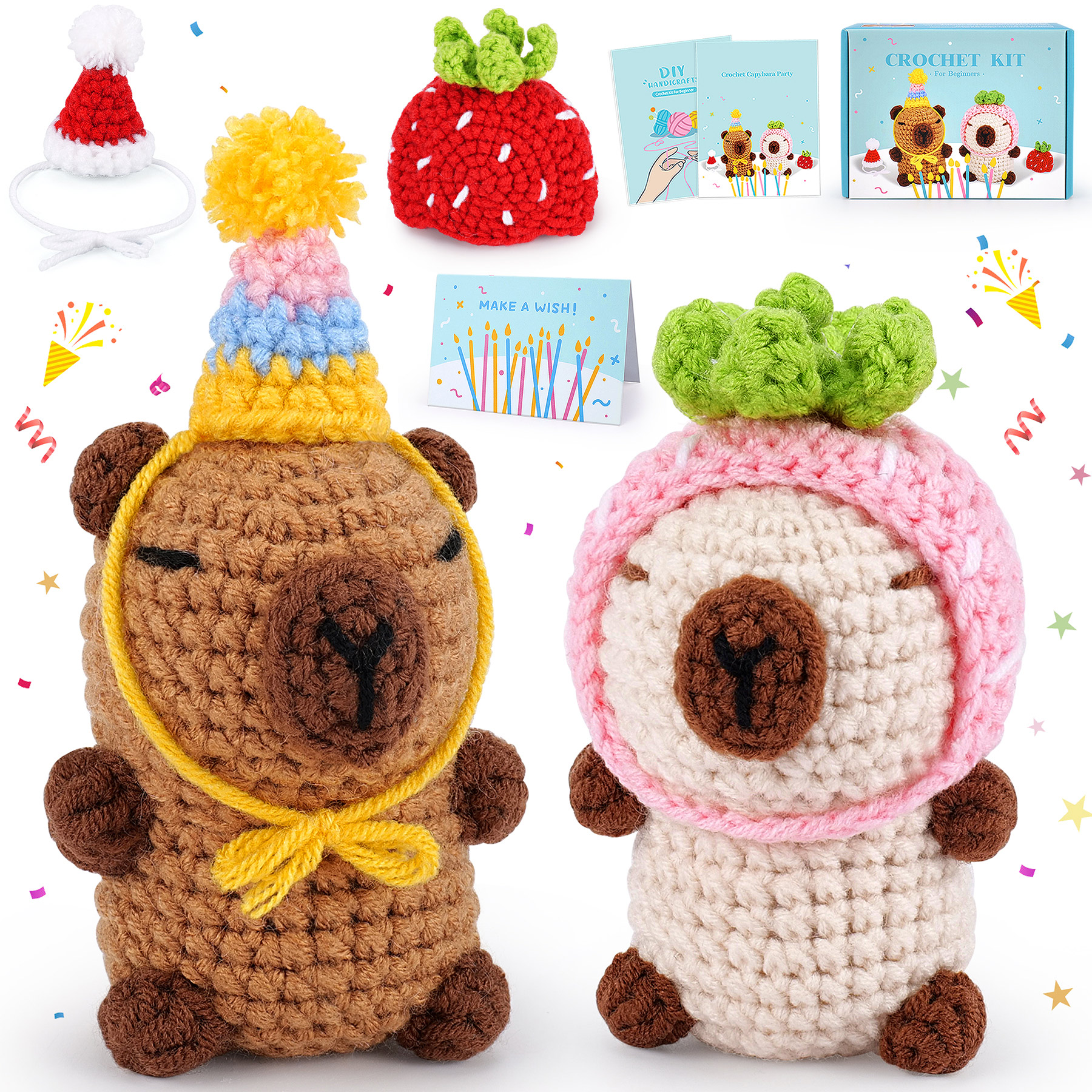Fortuning's JDS 2pcs Capybara Crochet Kit for Beginners with 4 Hats Animal Knitting Kit with Step-by-Step Video Tutorials